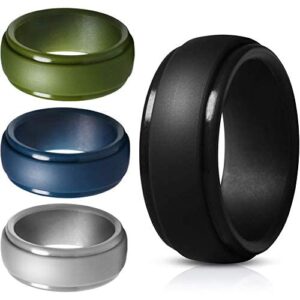 Mens Silicone Wedding Band, Rubber Rings for Him Women Couples Size 9, Step Edge Sleek Design 4 Pack