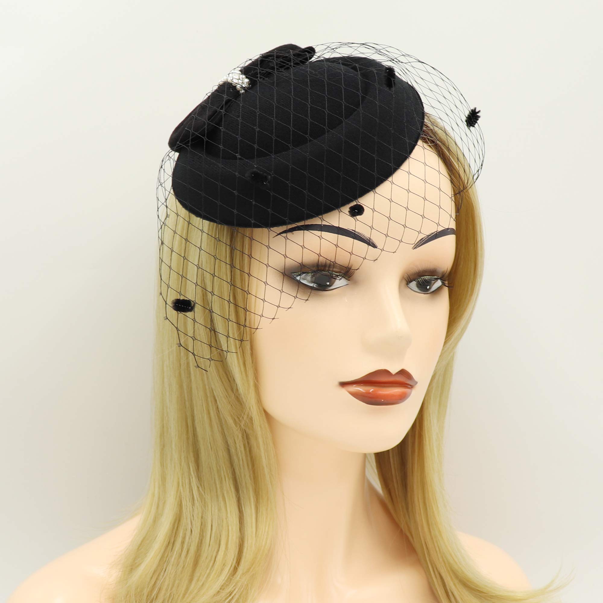 Umeepar Bowknot Pillbox Fascinator Hat for Women Wedding Tea Party Hat Headband Hair Clip with Veil (Black)