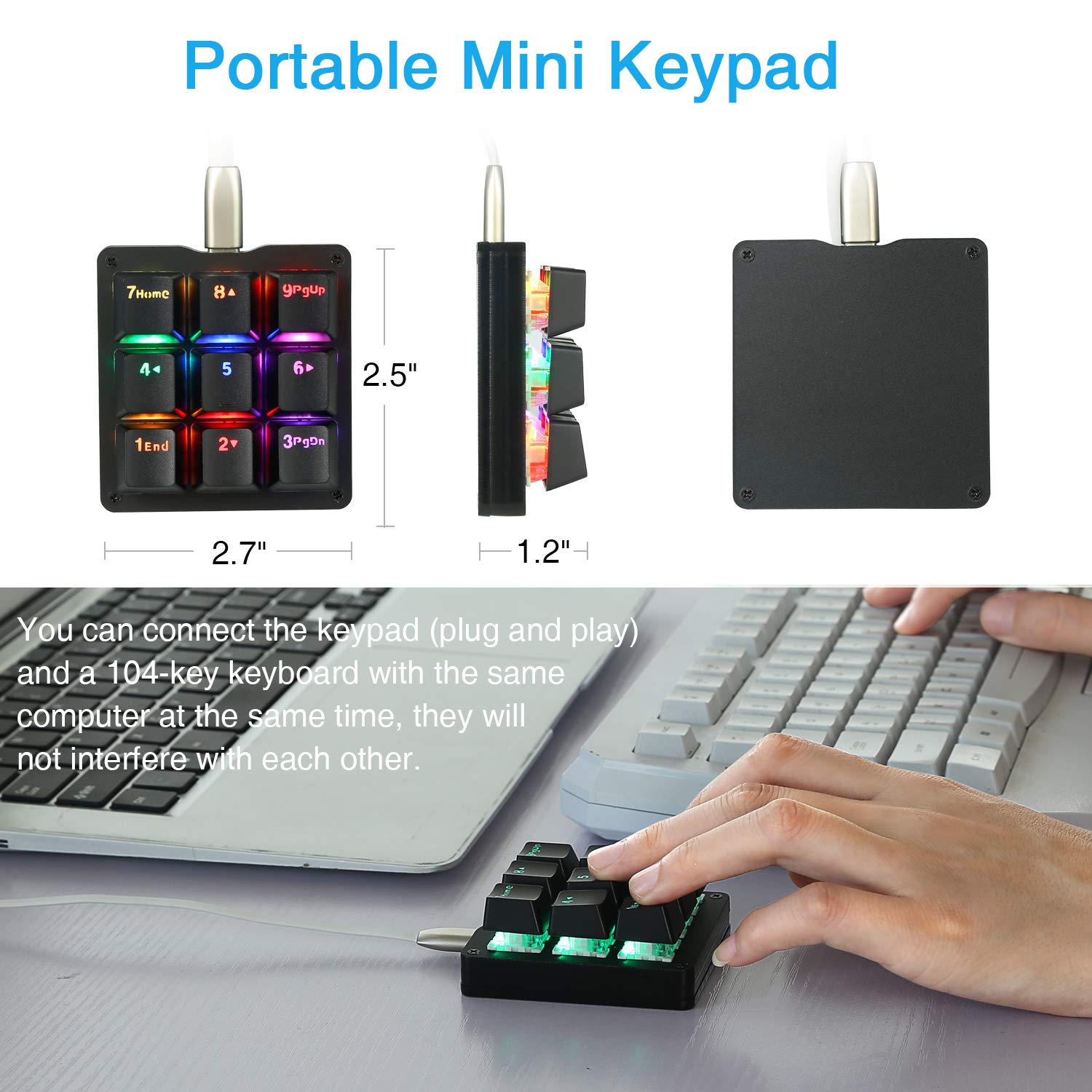 Koolertron One Handed Macro Mechanical Keyboard, RGB LED Backlit Portable Mini One-Handed Mechanical Gaming Keypad OSU! Keyboard 9 Fully Programmable Keys Blue Switches