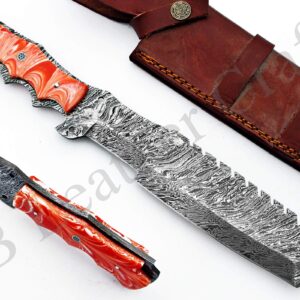 Tactical Combat Custom Made Damascus Steel Hunting Knife/Tracker Knife FBK-15316 (Orange & White Resin)