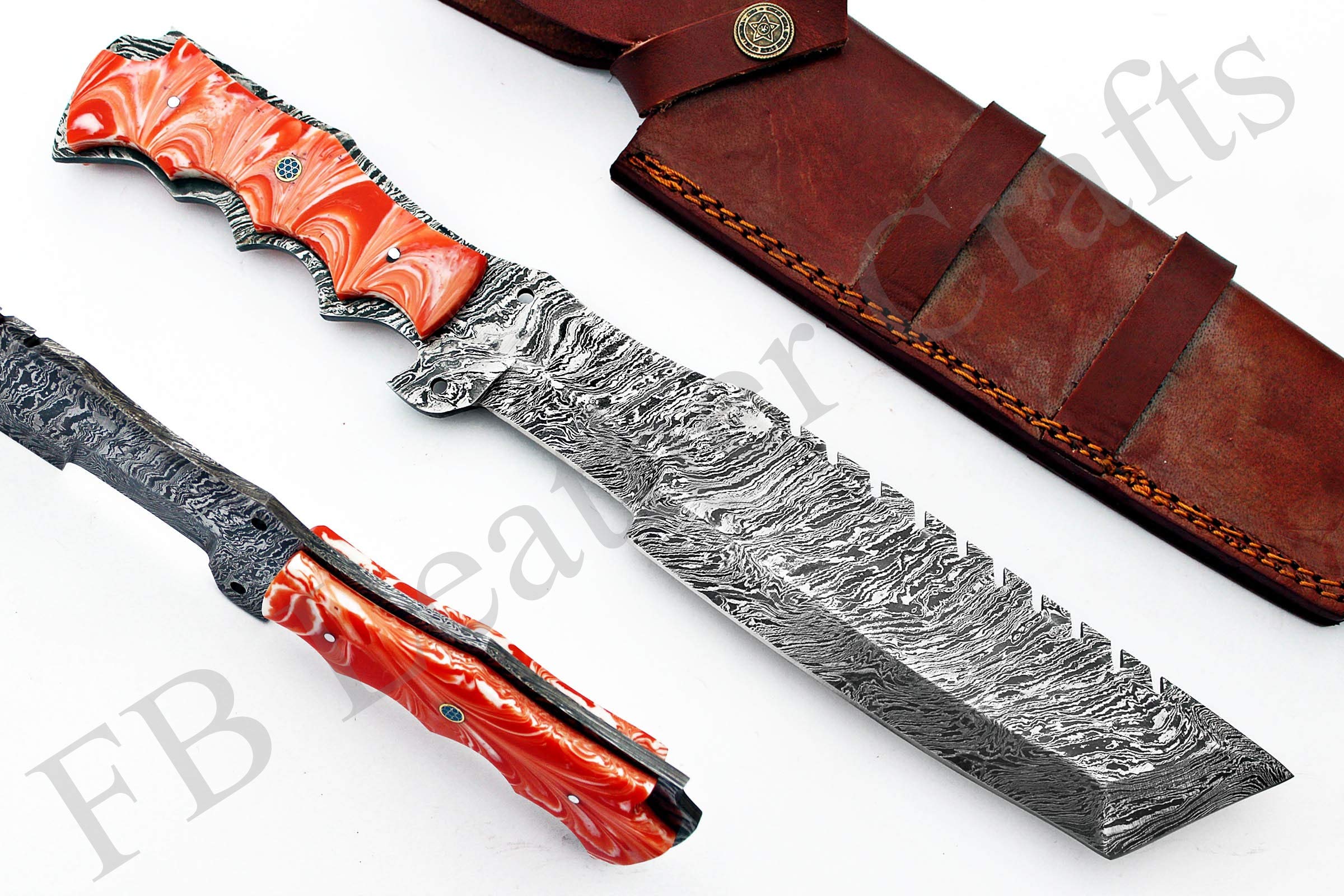 Tactical Combat Custom Made Damascus Steel Hunting Knife/Tracker Knife FBK-15316 (Orange & White Resin)