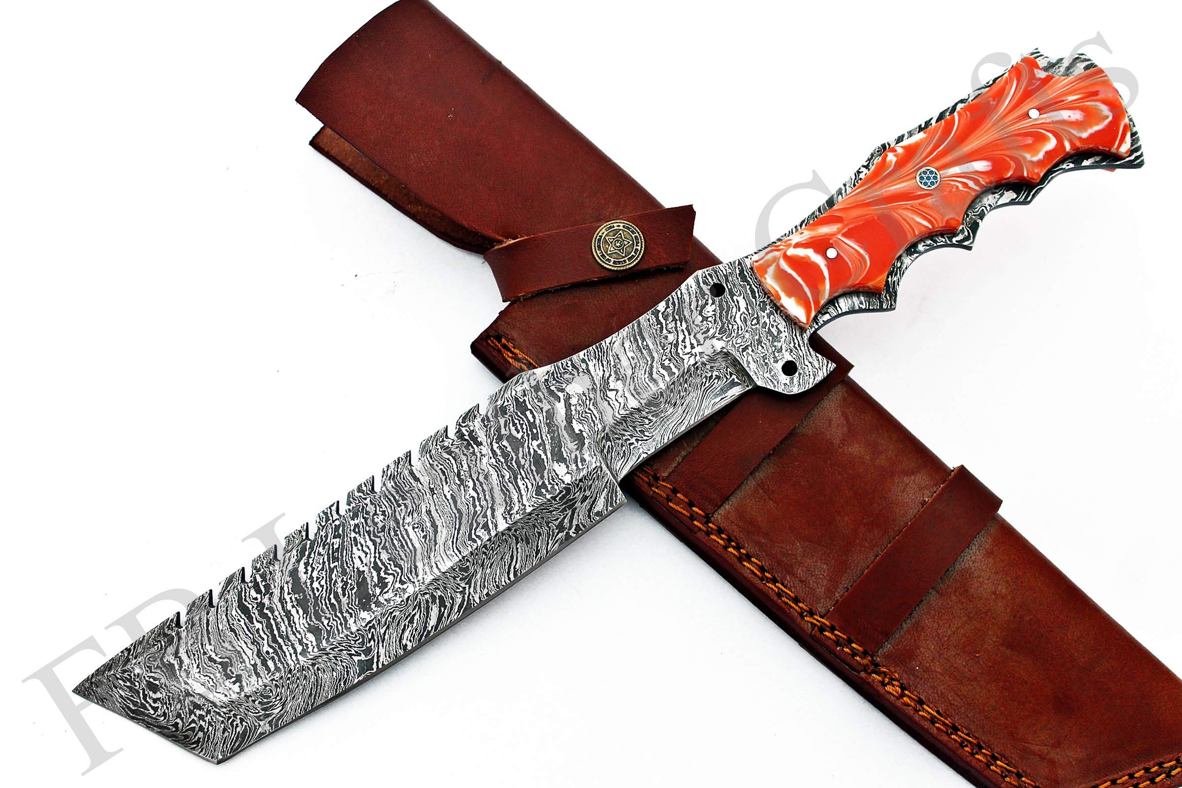 Tactical Combat Custom Made Damascus Steel Hunting Knife/Tracker Knife FBK-15316 (Orange & White Resin)