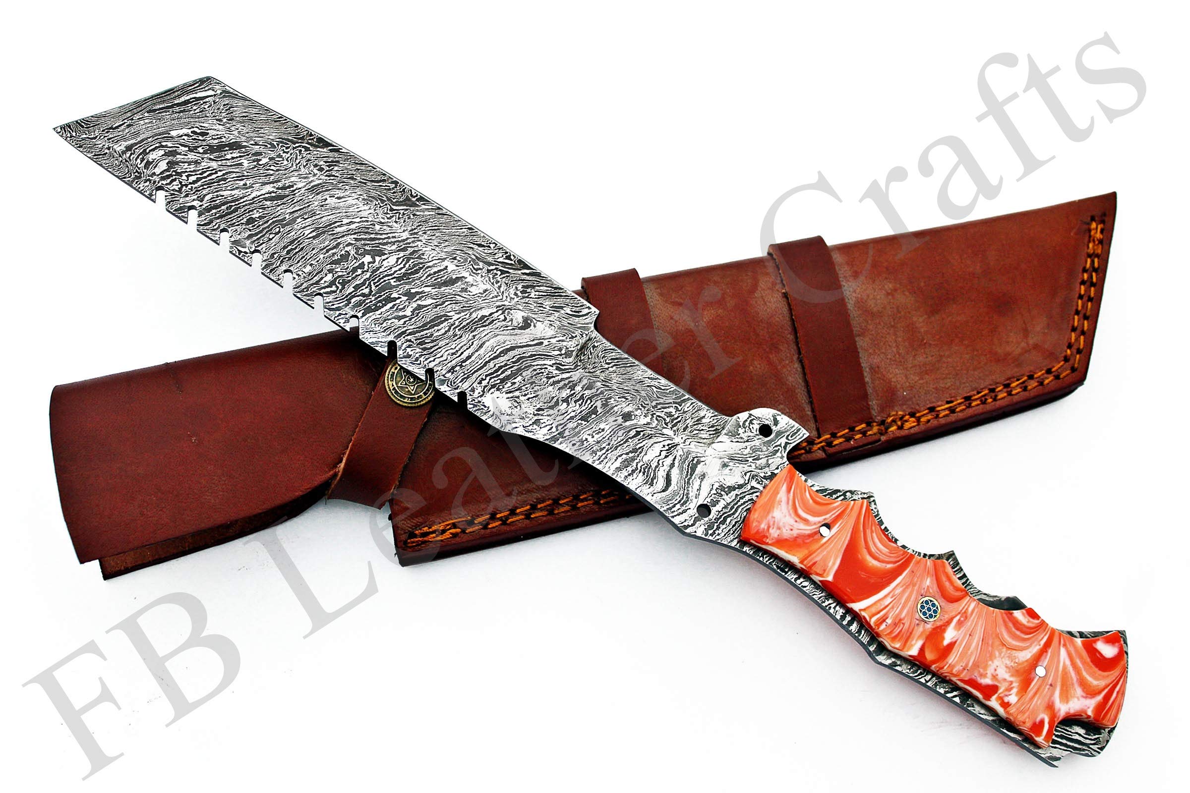 Tactical Combat Custom Made Damascus Steel Hunting Knife/Tracker Knife FBK-15316 (Orange & White Resin)