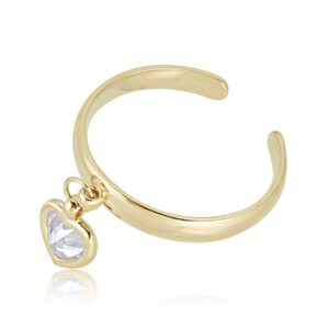 AVORA 10K Yellow Gold Adjustable Dangle Heart Toe Ring with Simulated Diamond CZ