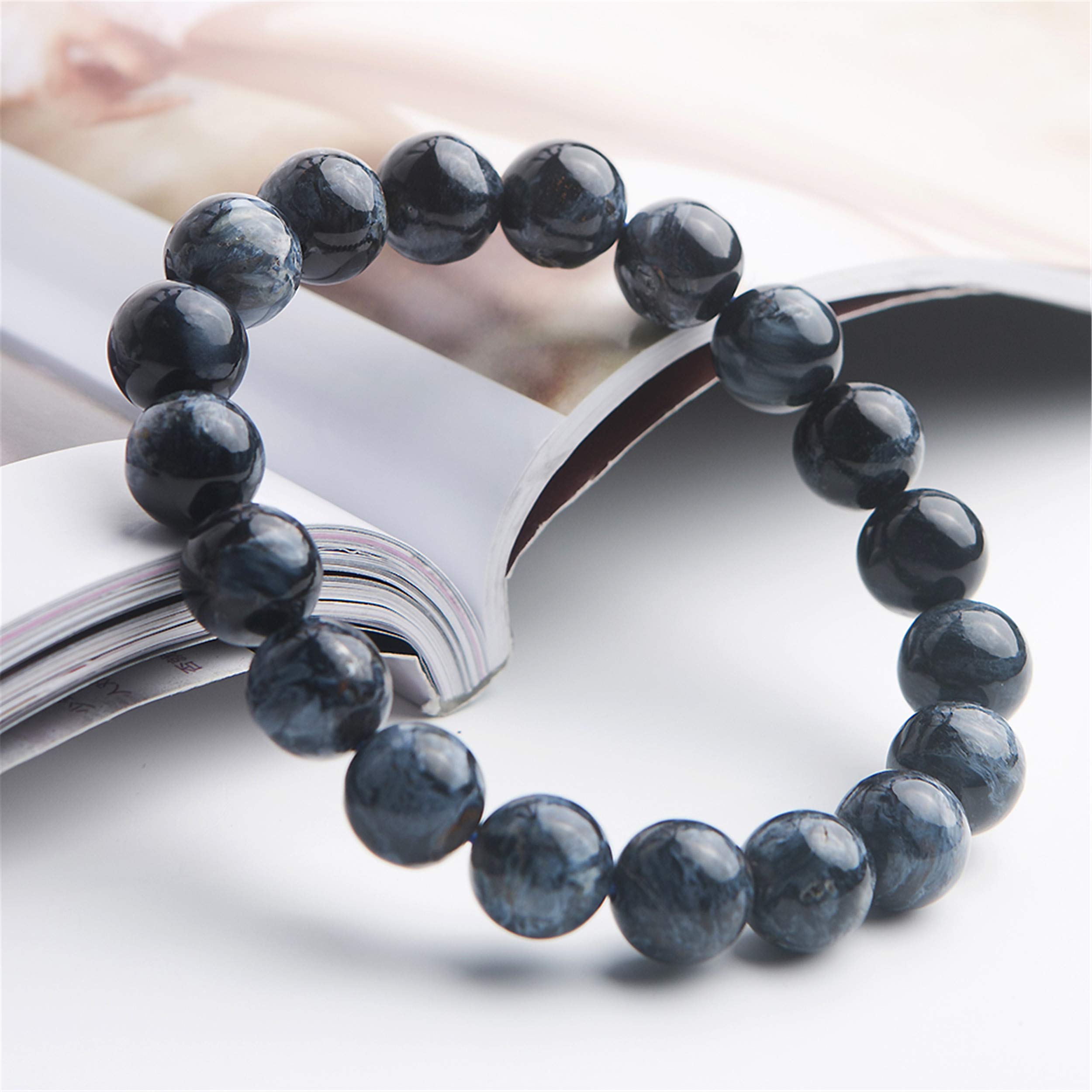 DUOVEKT 10.5mm Natural Blue Pietersite Namibia Chatoyant Gemstone Round Beads Bracelet AAAA