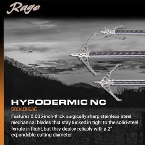 Rage Hypodermic NC 2-Blade 100gr Hunting Broadhead (R38100), Hybrid Tip, No Collar Blade Lock.035” Thick Swept-Back Angled Blades with a 2” Cutting Diameter, Machined Stainless Steel Ferrule, 3-Pack