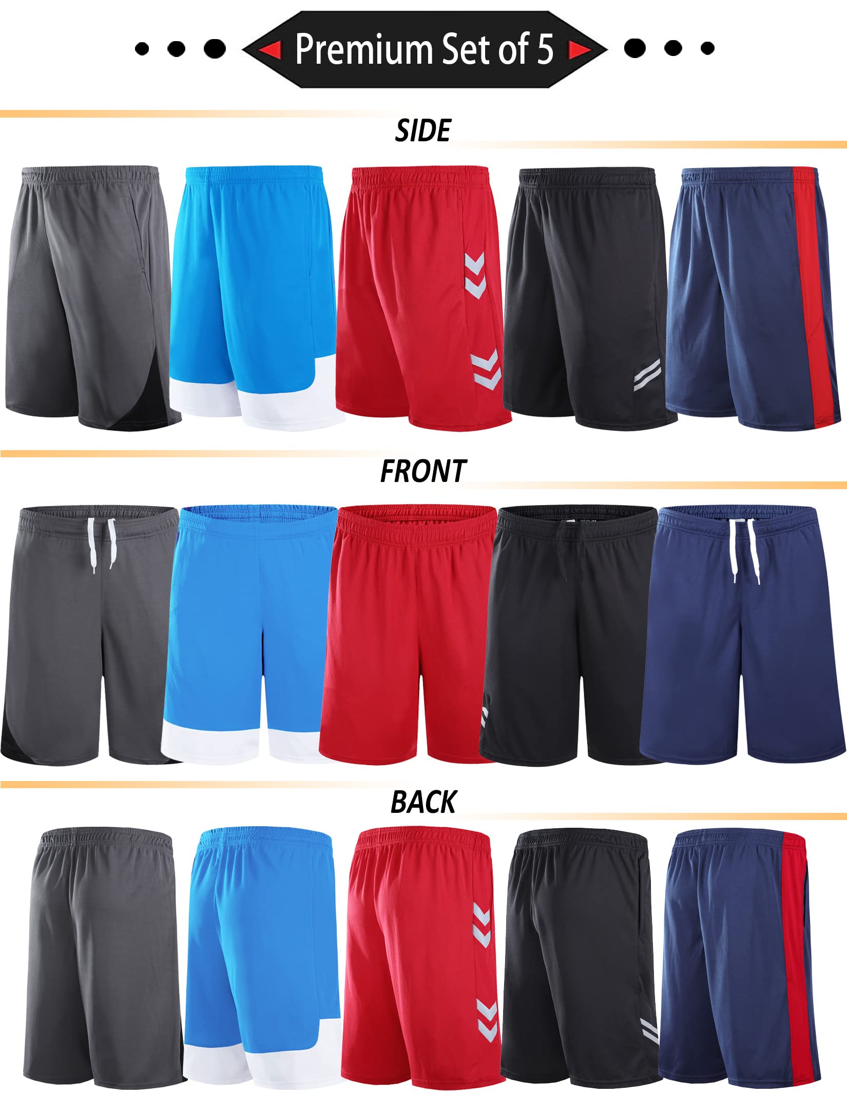 5 Pack Big Boys Youth Athletic Mesh Basketball Shorts with Pockets Quick Dry Activewear (Set 2, Large)