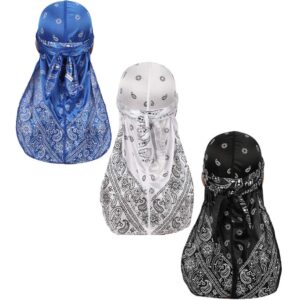 dinprey assorted paisley bandana doo rag cap headwraps men's women's silk durag with long tail and wide straps for 360 waves (black,navy bule,white)