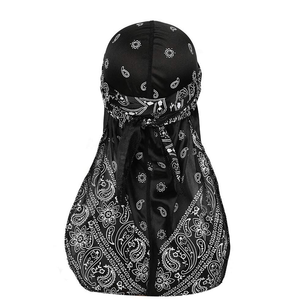 DINPREY Assorted Paisley Bandana Doo rag Cap Headwraps Men's Women's Silk Durag with Long Tail and Wide Straps for 360 Waves (Black,Navy bule,White)