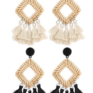 meekoo 2 Pairs Rattan Tassel Earrings Bohemian Statement Woven Dangle Fringe Earrings Ethnic Tassel Drop Earrings Vintage Jewelry for Women (Black and White)