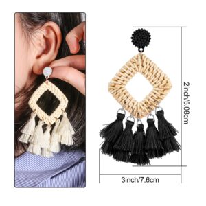 meekoo 2 Pairs Rattan Tassel Earrings Bohemian Statement Woven Dangle Fringe Earrings Ethnic Tassel Drop Earrings Vintage Jewelry for Women (Black and White)