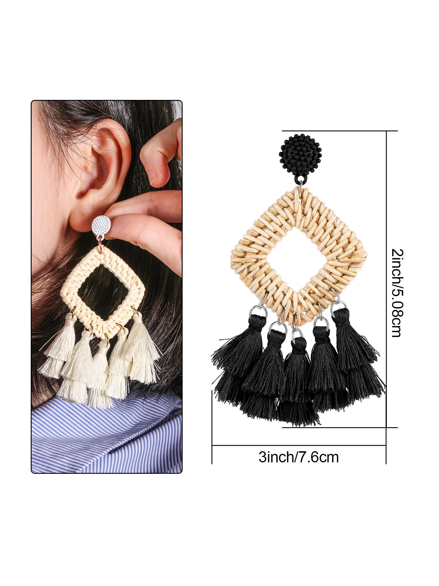 meekoo 2 Pairs Rattan Tassel Earrings Bohemian Statement Woven Dangle Fringe Earrings Ethnic Tassel Drop Earrings Vintage Jewelry for Women (Black and White)