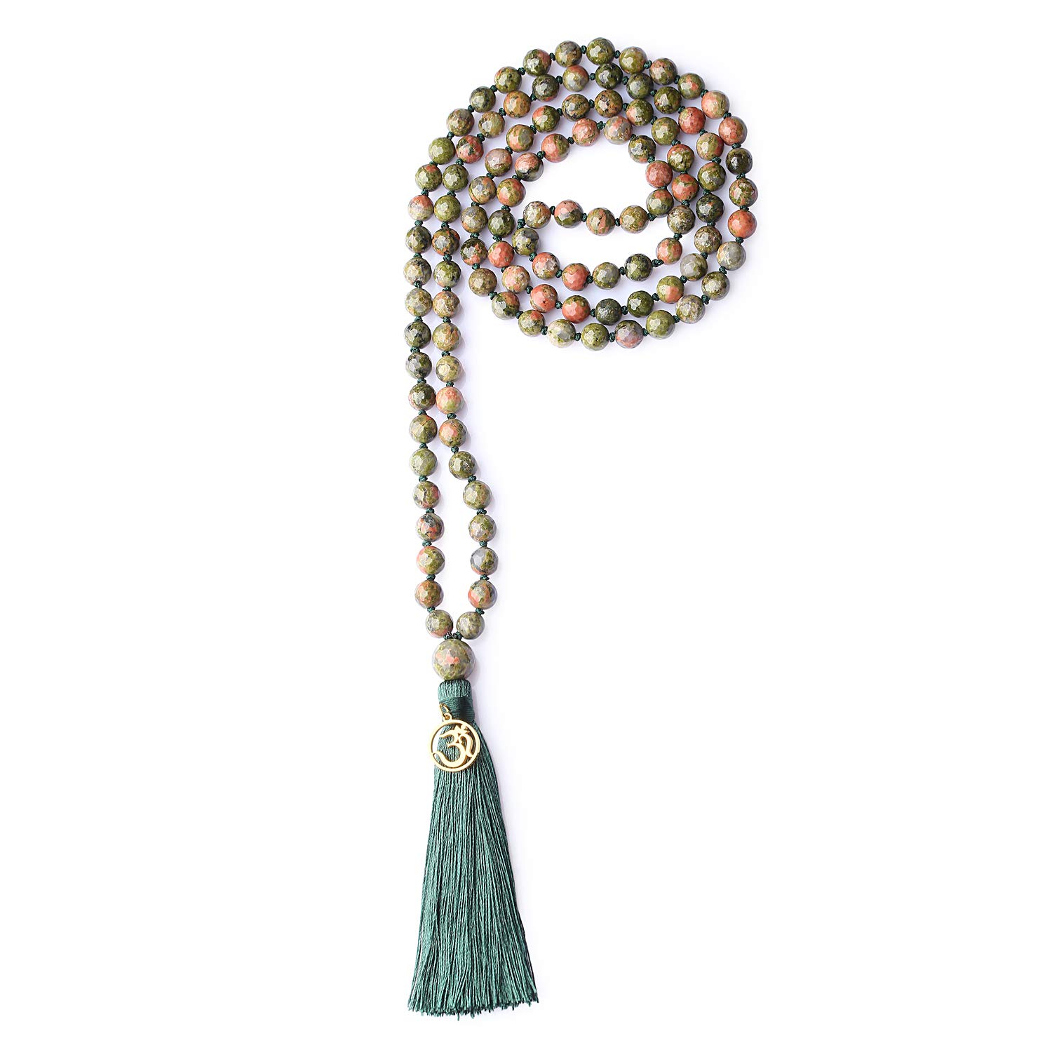 COAI OM Charm Hand Knotted Tassel Unakite Stone 108 Mala Beads Necklace 8mm