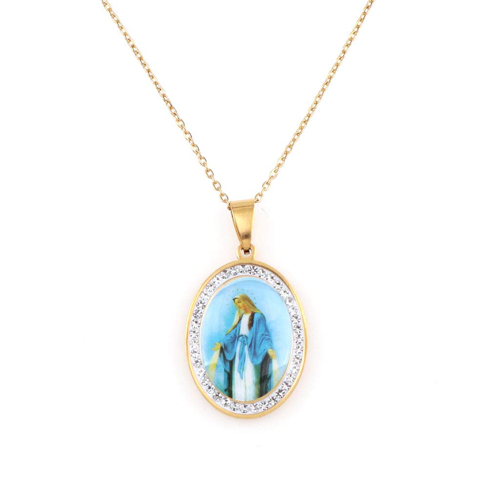 YWLI Miraculous Medal, Virgin Mary Necklace, Religious Gifts for Women, Golden Stainless Steel Necklace Inlaid Zircon Pendant, Fashion Religious Jewelry, Gifts for Women