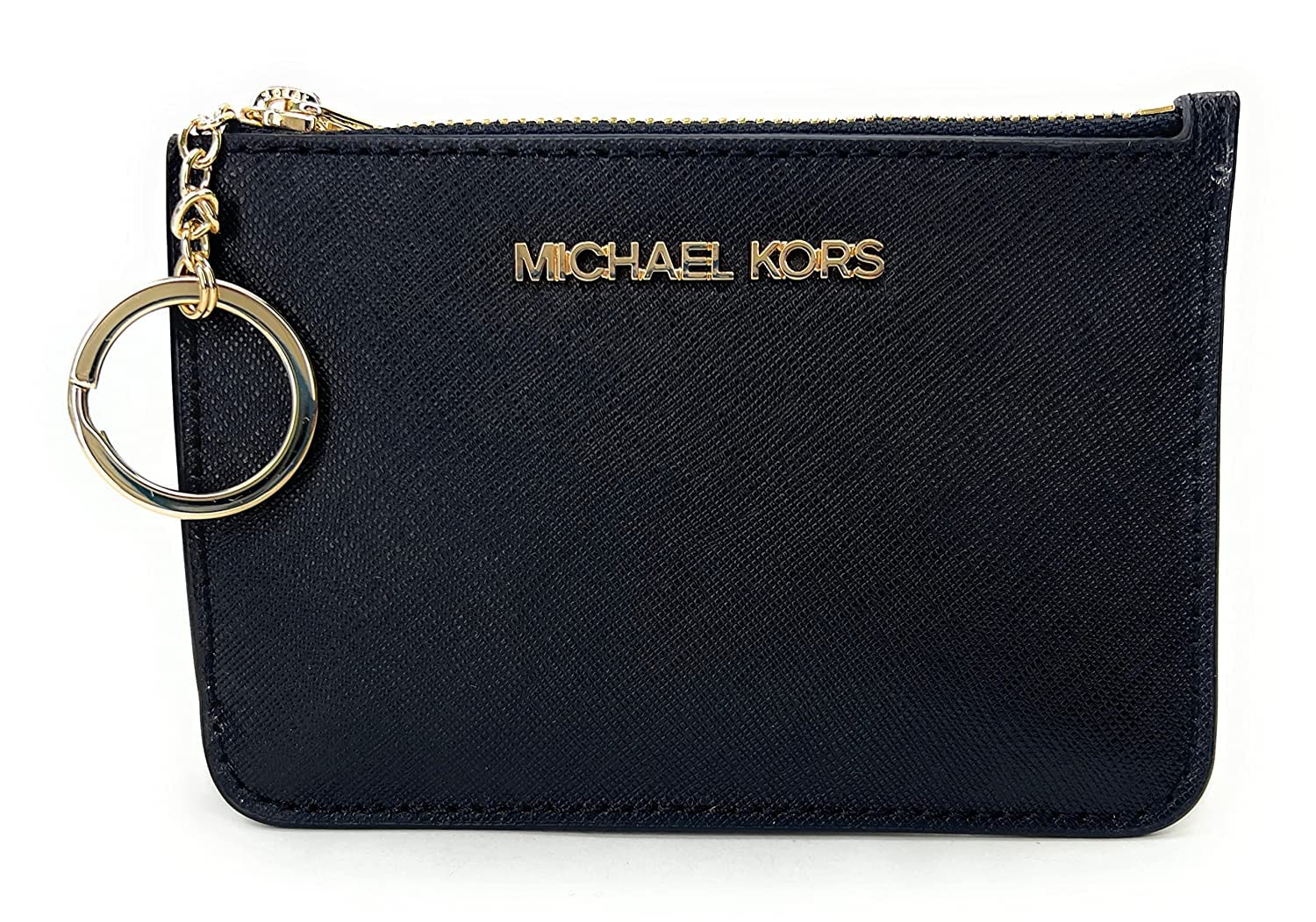 Michael Kors Jet Set Travel Small Top Zip Coin Pouch with ID Holder in Saffiano Leather (Black with Gold Hardware)