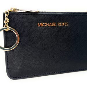 Michael Kors Jet Set Travel Small Top Zip Coin Pouch with ID Holder in Saffiano Leather (Black with Gold Hardware)