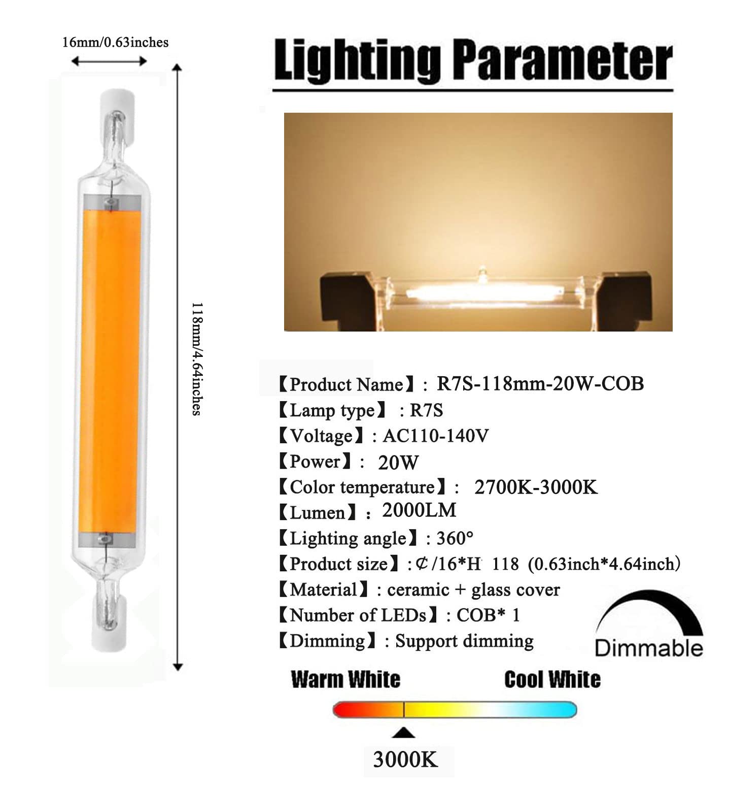 118mm 20W R7S LED Bulb (4 Pack) 200W Halogen Equivalent 118mm J-Type High Brightness 20W 120V R7S Base 3000K Warm White J Type T3 118mm Double Ended Flood Light 360°Beam Angle Landscape L