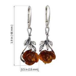 Sterling Silver and Baltic Honey Amber Leverback Earrings Open Rose