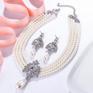 EVER FAITH 1920s Gatsby Jewelry Set for Party, Crystal 4 Layers Simulated Pearl Vintage Inspired Chandelier Necklace Earrings Sets for Woman