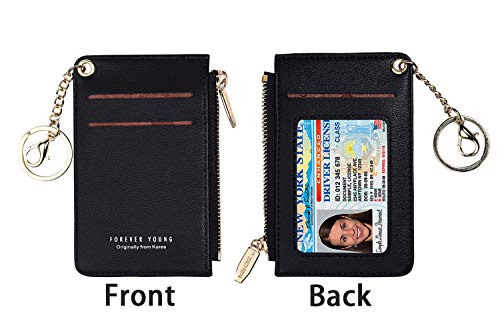 Small Wallets for Women Slim Leather Card Case Holder Wallet Coin Change Purse with Keychain (Black)