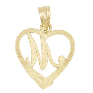 Ice on Fire Jewelry 10k Solid Gold Initial Pendant in Heart Frame with Diamond Cut Finish, Available in Different Letters of Alphabet Personalized Charm for Women (M)