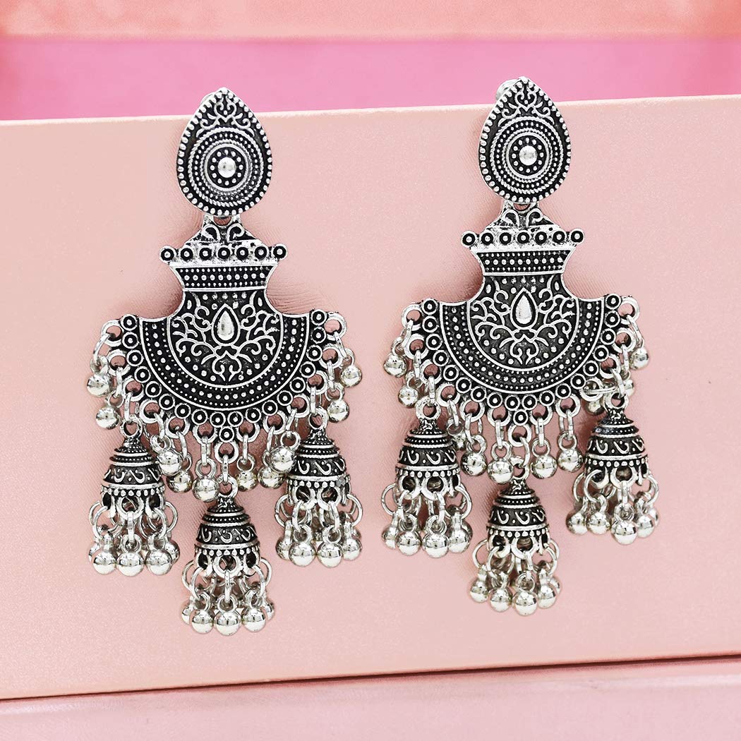 Jhumka Tassel Drop Earrings Bridal Dangle For Women Ethnic Afghan Silver Oorbellen Vintage Boho Tribal Egypt Nepal Gypsy Jewelry (Silver)