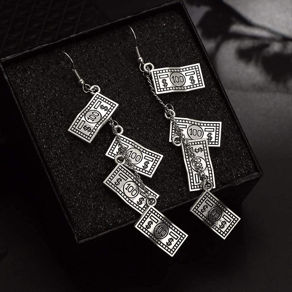 YOOE Cute 100 Dollar Bill Money Currency Dangle Earrings.Punk hiphop Paper Cash Drop Earrings.Antique Silver Gold For Women Jewelry (Silver)