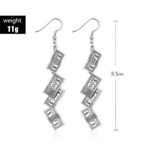 YOOE Cute 100 Dollar Bill Money Currency Dangle Earrings.Punk hiphop Paper Cash Drop Earrings.Antique Silver Gold For Women Jewelry (Silver)