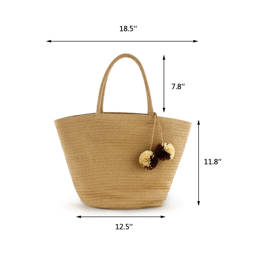 QTKJ Women Straw Summer Beach Bag Handwoven Big Tote Shoulder Handbag with Pom Pom Decorate (Khaki)