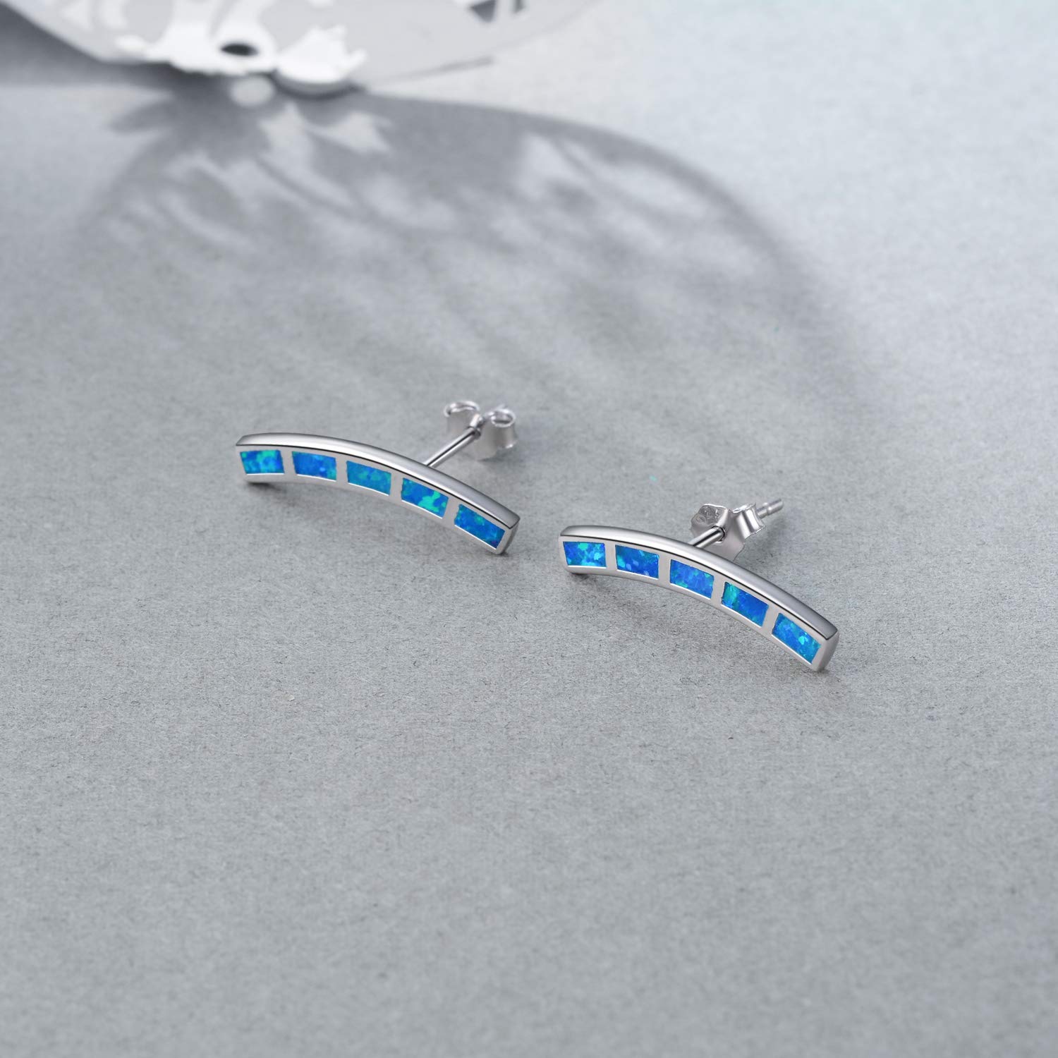 WINNICACA Ear Crawler Climber Earrings Sterling Silver Created Blue Fire Opal Slender Small Bar Stud Earrings Gifts for Women