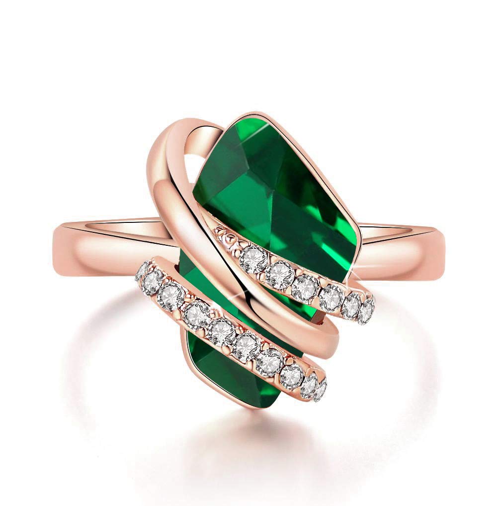 Leafael Wish Stone Women's Adjustable Crystal Open Ring (Emerald Green Rose Gold Plated) Gifts for Women May Birthstone Jewelry, Size 6.5-8