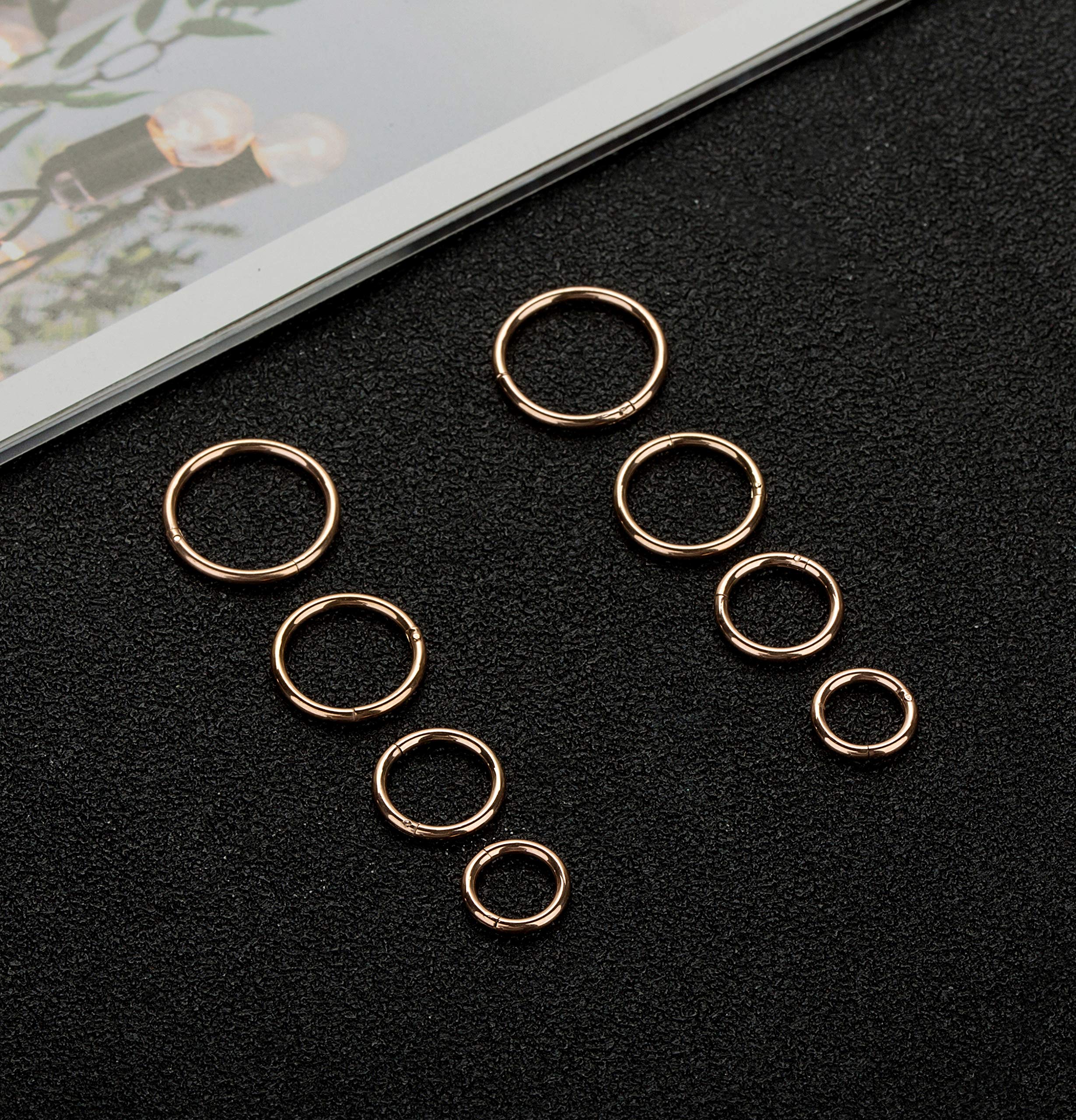 REVOLIA 8Pcs 16G Surgical Steel Nose Rings Hoop Septum Piercings Cartilage Earrings for Women Men Helix Couch Daith Lip Tragus Piercings Hinged Clicker 6-12mm Rose-gold