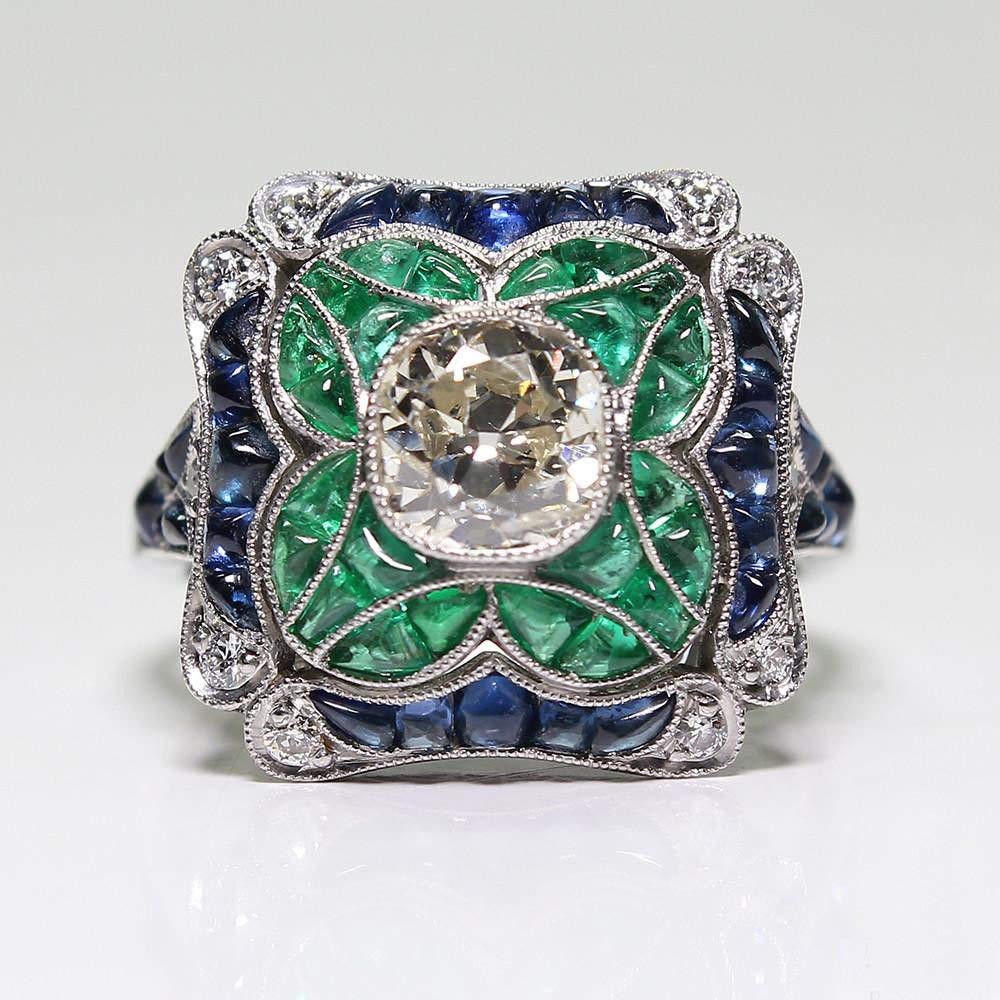 Yuren 925 Sterling Silver Vintage Emerald Ring Blue Sapphire White Topaz Ring Women Wedding Fashion Jewelry Size 6-10 (US Code 8)