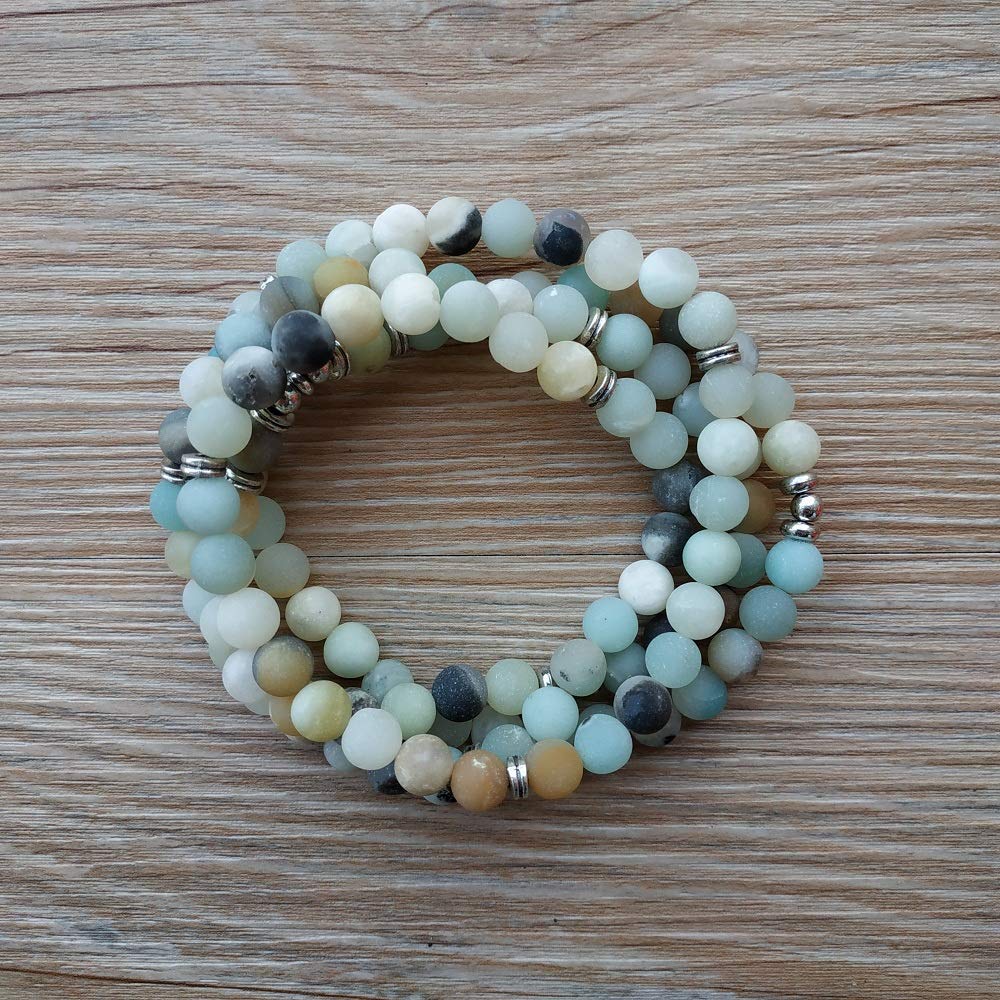 108 Natural Beads Mala Yoga Bracelet with Lotus Charm (Amzonite)