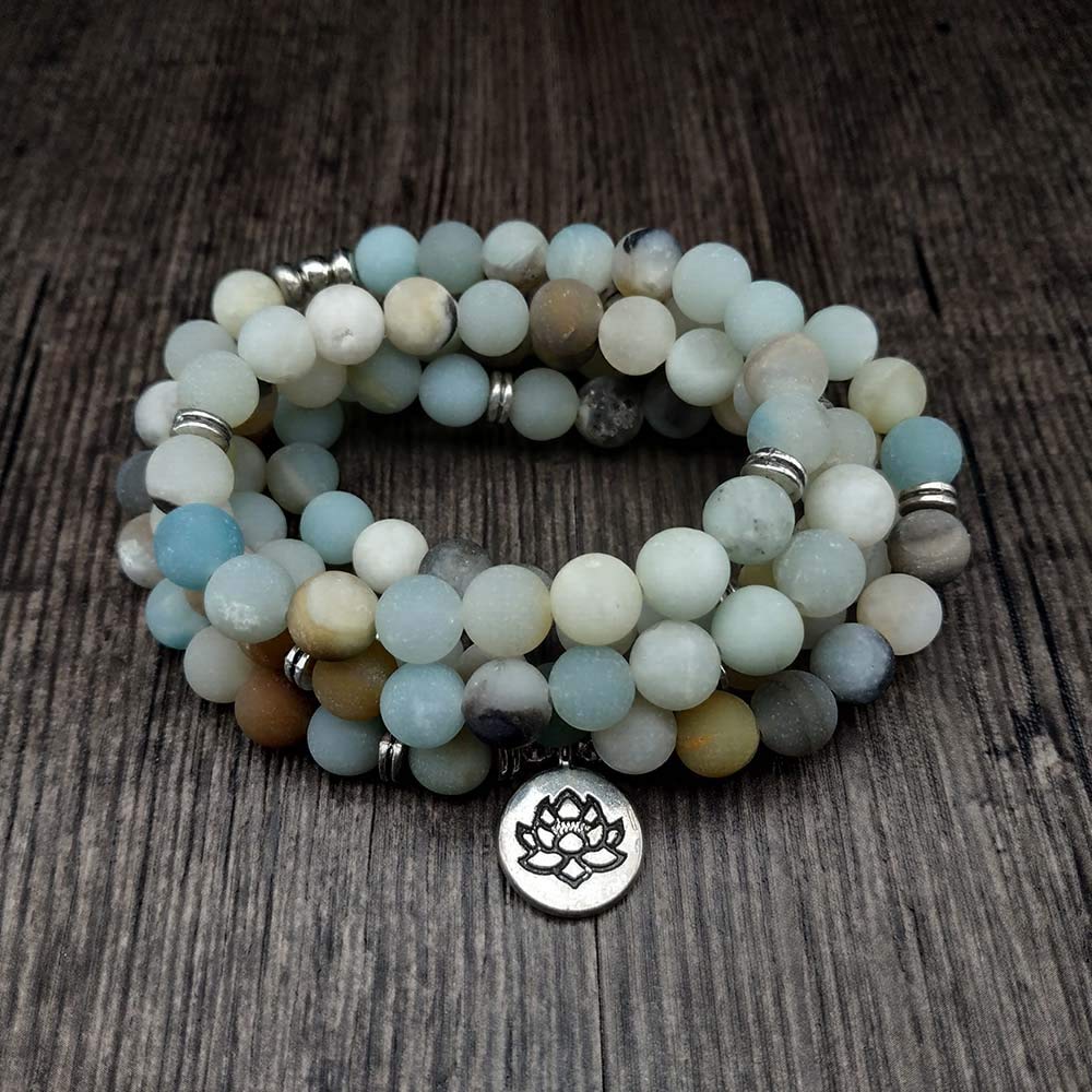 108 Natural Beads Mala Yoga Bracelet with Lotus Charm (Amzonite)