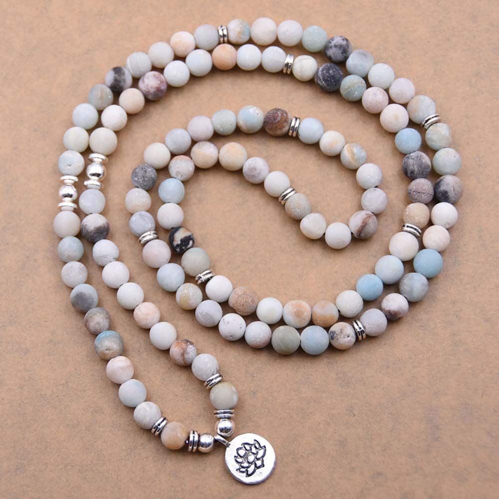 108 Natural Beads Mala Yoga Bracelet with Lotus Charm (Amzonite)