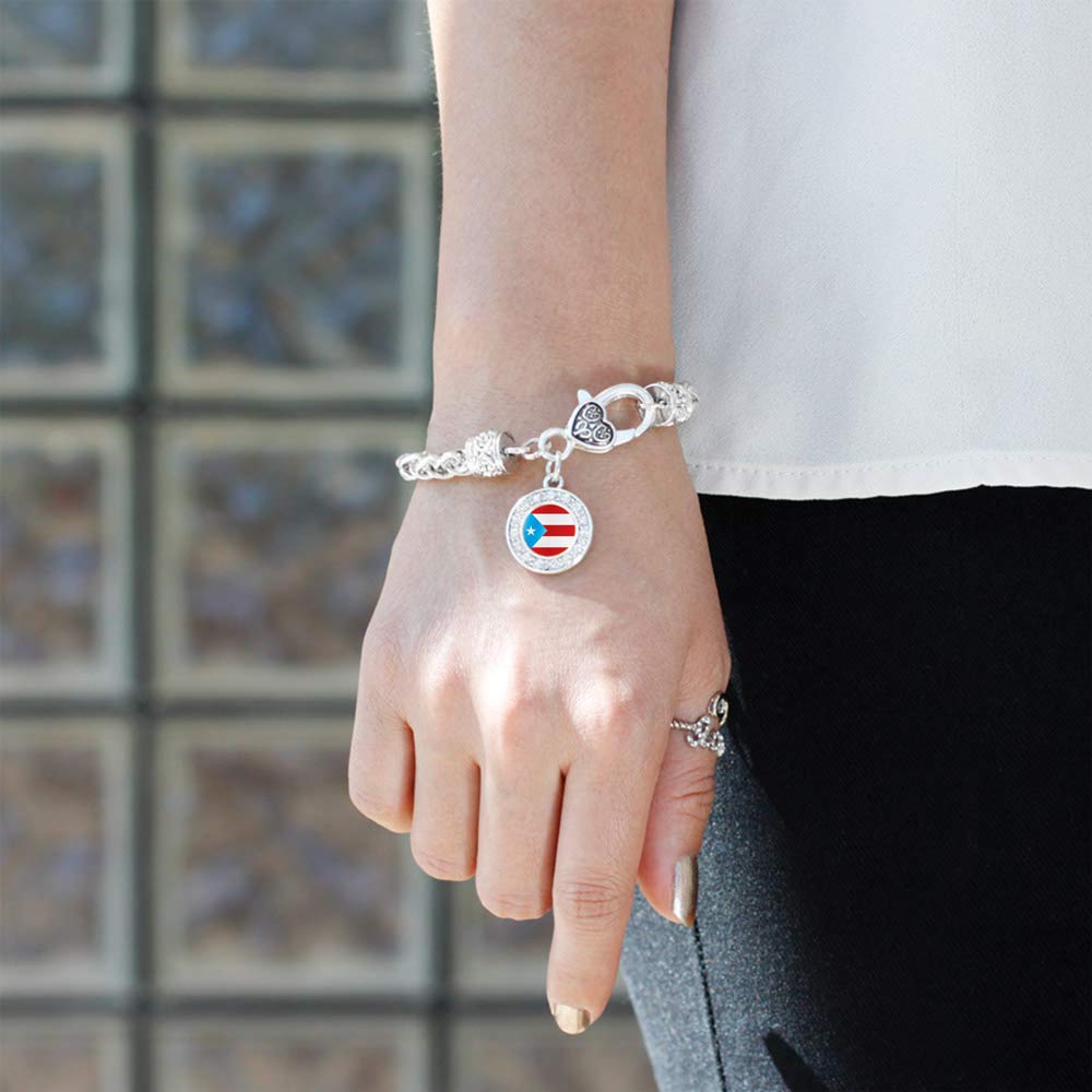 Inspired Silver - Puerto Rico Flag Braided Bracelet for Women - Silver Circle Charm Bracelet with Cubic Zirconia Jewelry