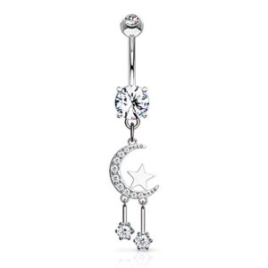 pierced owl 14ga stainless steel crystal paved crescent moon and stars dangling belly button ring (silver tone)