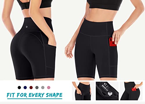 Ewedoos Biker Shorts Women Tummy Control Workout Shorts with 3 Pockets High Waisted Compression Gym Running Yoga Shorts Women Black