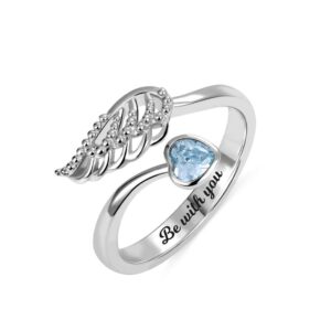 Getname Necklace Angel Wing Ring in Sterling Silver 925 with Cubic Zirconia, Custom Engraved Birthstone, Anniversary Ring for Women