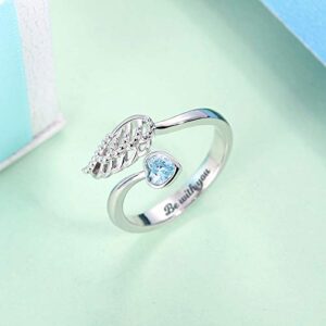 Getname Necklace Angel Wing Ring in Sterling Silver 925 with Cubic Zirconia, Custom Engraved Birthstone, Anniversary Ring for Women