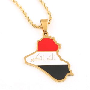 Stainless Steel Republic of Iraq Map Pendant Necklace Gold Color Allah Name Pendant Allah Heart Jewelry (Gold)