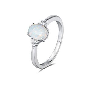 FANCIME Created Opal Rings Sterling Silver 4-prong Halo White Opal Cubic Zirconia Engagement Wedding Ring October Birthstone Ring Fine Jewelry for Women Size 6