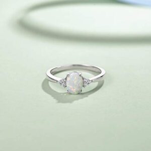 FANCIME Created Opal Rings Sterling Silver 4-prong Halo White Opal Cubic Zirconia Engagement Wedding Ring October Birthstone Ring Fine Jewelry for Women Size 6