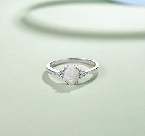 FANCIME Created Opal Rings Sterling Silver 4-prong Halo White Opal Cubic Zirconia Engagement Wedding Ring October Birthstone Ring Fine Jewelry for Women Size 6