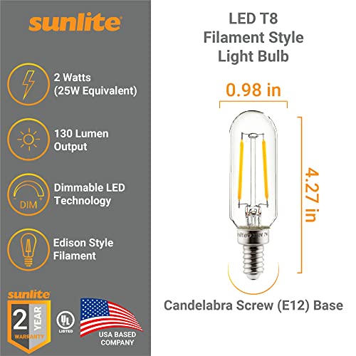 Sunlite LED Filament T8 Tubular Light Bulb, 2 Watts (25W Equivalent), Candelabra E12 Base, Dimmable, 85 mm, UL Listed, 130 Lumens, 2700K Soft White, 12 Count