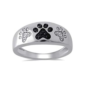 Jewelili Sterling Silver Treated Black and Natural White Round Diamonds Paw Ring, Size 7