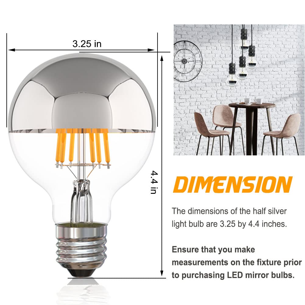 ARGANOL Half Chrome Light Bulb Dimmable 6W (Equivalent 60 Watt), G80/ G25 Globe Shape 2700K Warm White Decorative LED Edison Bulb, Silver Tipped Mirror Larger Light Bulb E26 Base Pack of 4