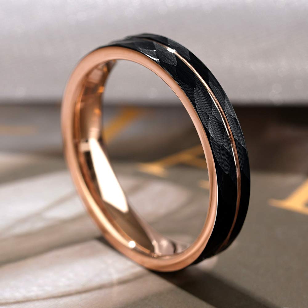 THREE KEYS JEWELRY 4mm Womens Charming Jewelry Tungsten Hammered with Rose Gold Interior & Stripe Wedding Carbide Ring Band for Women Engagement Black Size 7