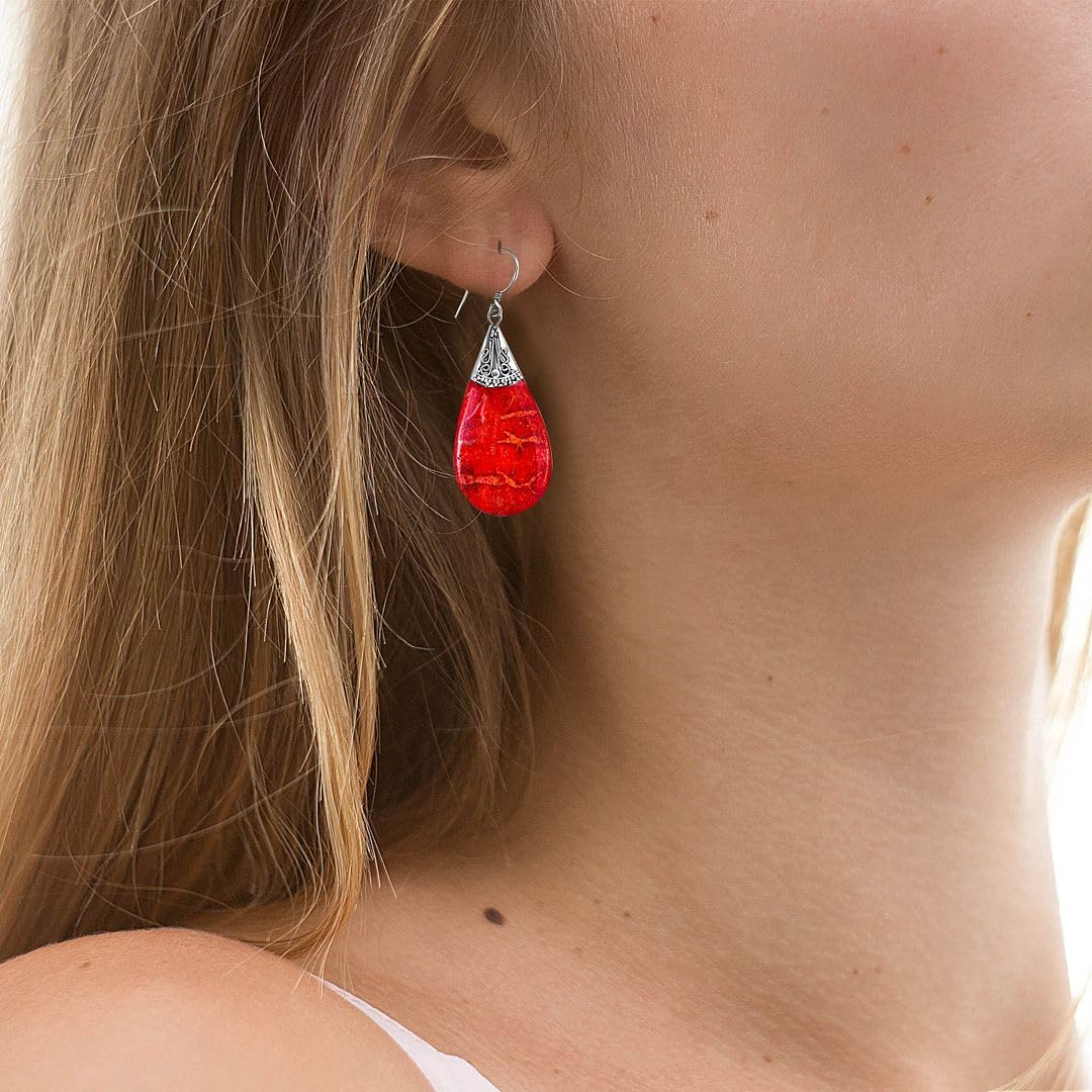 Shop LC Red Coral Dangle Boho Earrings in 925 Sterling Silver - Handmade Boho Jewelry Birthday Gifts for Women - Natural Coral Dangling Drop Statement Earrings